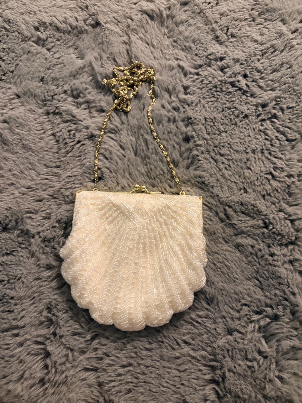 Le Regale Ivory Beaded Shell Mini Bag with Gold Chain
